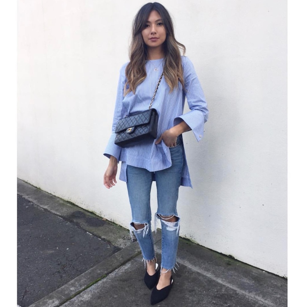 Zara blue white stripe woven top shirt blouse XS
